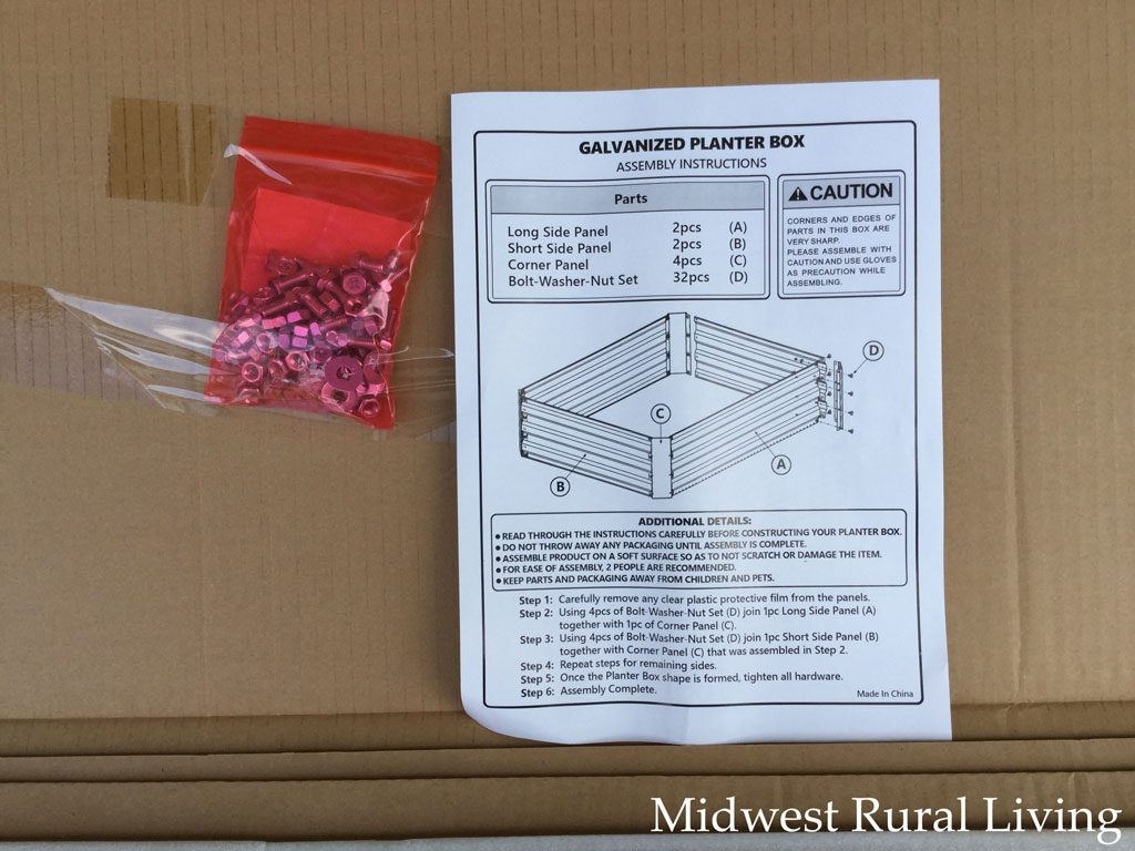 The directions, the nuts and bolts that came with the Castlecreek Large Galvanized Raised Bed Planter Box